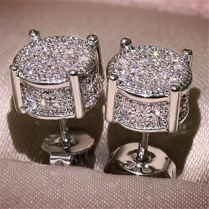 Fashion Trendy Round CZ Stud Earrings 3D Paved Cubic Zirconia Earrings for Men Women Gold Silver Plated Hip Hop Jewelry