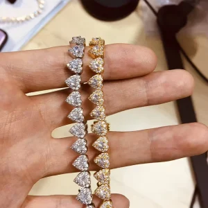 Fashion Trendy Sparkling Women’s Brass Bracelets Zircon Heart Tennis Link Chain Bracelet with Floral Charm Pattern