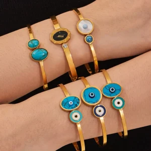 Fashion Turquoise Bracelets Set Gold Plated Adjustable Open Cuff Bangles for Women Boho Lucky Jewelry