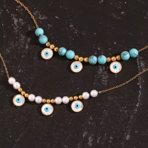 Fashion Turquoise Jewelry Eye Pendant Necklace Imitation Pearl 18K Gold Plated Stainless Steel Charm Necklace