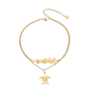 Fashion Turtle Cross Stainless Steel Anklet Natural White Moonstone Yellow Crystal Beaded Foot Chain