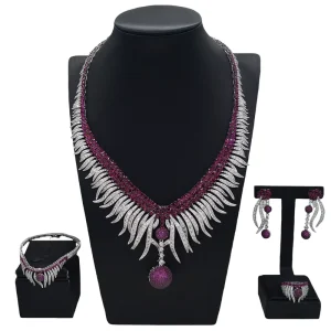 Fashion Two Tone American Purple Zirconia Jewelry Set Necklace Bracelet Earrings Ring Four Pieces Set for Wedding