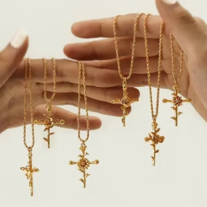 Fashion Unique 12 Months Birth Flower Necklace Luxury Plated 18k Gold Cross Necklace for Women
