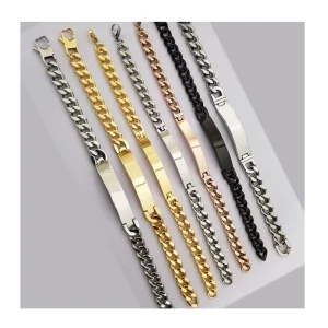 Fashion Unisex Custom Text Name Jewelry Stainless Steel Engraved Blank Bar Gold Plated Bracelet for Boys