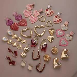 Fashion Valentine’s Day Heart Earrings Resin Enamel Rhinestone Pearl Stud Drop Earrings Romantic Jewelry Gift for Women