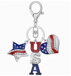 Fashion Vintage American Flag Independence Day Rhinestone Star Heart USA Letter Metal Keychain Bag Charm Ornament
