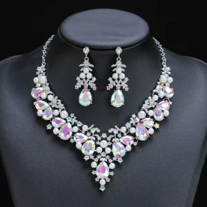 Fashion Vintage Crystal Bride Wedding Rhinestone Gemstone Jewelry Two Piece Necklaces Earrings Jewelry Set for Girl