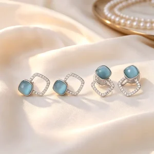 Fashion Vintage Tarnish Free Blue Cat Eye Square Stud Earrings Invisible Ear Clip Non Pierced Women Luxury CZ Paved Jewelry
