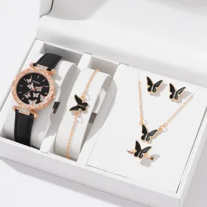 Fashion Watch Jewelry Set Women’s Butterfly Enamel Charm Ring Necklace Earrings Shiny Rhinestones Watch and Bracelet Set