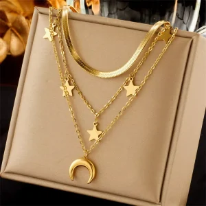 Fashion Waterproof Jewelry 18K Gold Plated Stainless Steel Moon and Star Necklaces Multi Layered for Women
