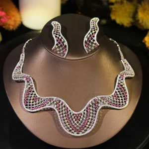 Fashion Wavy Colorful Necklace Luxury Cubic Zirconia Jewelry Set for Women Dubai Bride Suitable Wedding Balls Accessories