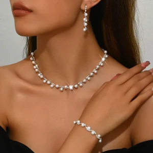 Fashion Wedding Alloy Jewelry Set Crystal Decoration Necklace Earrings Bracelet Sets Bridal Jewelry for Women