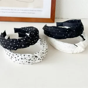 Fashion Wide-Brimmed Polyester Fabric Headband Rhinestone Black White Wave Dot Small Floral Hairpin