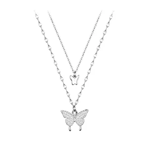 Fashion Woman Accessories Sterling Silver Exquisite Women Double Layer Butterfly Pendant Necklace