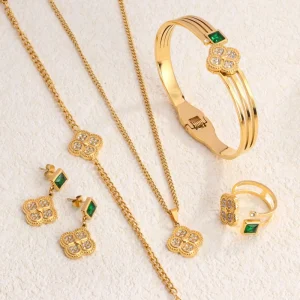 Fashion Women 18K Gold Plated Zircon Luxury Waterproof Stainless Steel Jewelry Set Bracelet Necklace 5 Piece Gift Set