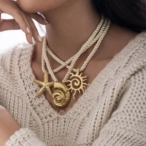 Fashion Women 18K PVD Gold Plated Stainless Steel Pendant Necklace Conch Sun Star Shell Choker Waterproof Non tarnish Necklace