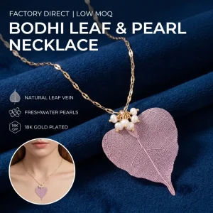 Fashion Women Botanical Jewelry Real Electroplated Heart Leaf Pendant Necklace Organic Pearl Cluster 18K Gold