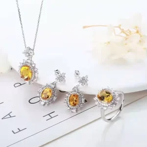 Fashion Women Gemstone Jewelry 925 Silver 18k White Gold Plated Natural Citrine Earring Pendant Necklace Adjustable Ring Set