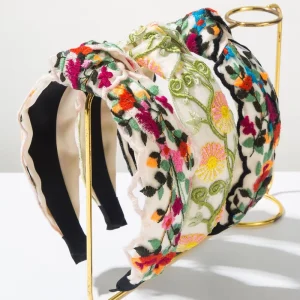 Fashion Women Girls Embroidered Headbands Top Knot Headband Flowers Hairband