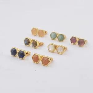 Fashion Women Gold Plated Amethyst Hexagon Natural Crystal Gemstone Stud Earings