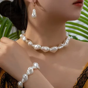 Fashion Women Irregular Baroque Pearl Earring Necklace Bracelet Luxury Bridal Wedding Party Women Luxury Pearl Jewelry Set