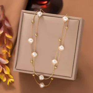 Fashion Women Jewelry Freshwater Pearl Necklace Stainless Steel Chain Necklace Beads Pearl Chain Necklace
