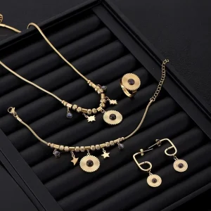 Fashion Women Necklace Earrings Bracelet Ring 4pcs Set Tarnish Free Stainless Steel 18k Gold Turquoise Star Jewelry Set