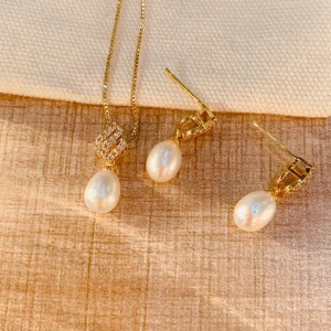Fashion Women Necklace Earrings Wedding Party Zircon Natural Pearl Jewelry Sets
