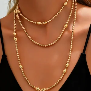 Fashion Women New Arrive Three Layered Gold Color Beaded Necklace Bohemian Style Beaded Gold Chain Women Long Necklace Jewelry
