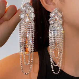 Fashion Women Party Ear Jewelry Multi Layers Long Tassel Micro Pave Rhinestone Diamond Crystal Stud Earrings