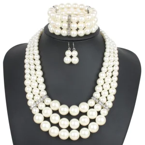 Fashion Women Pearls Beads Three Necklace Earring Bracelet Wedding Jewelry Sets