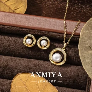 Fashion Women Wedding Pearl Pendant Earrings Necklace Sets Simple 18k Gold Plated Bridal Pearl Jewelry Sets