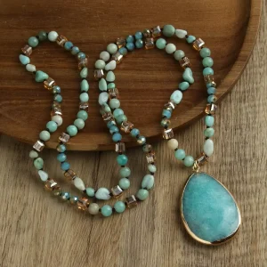 Fashion Women’s Body Boho Customized Jewelry 6mm Natural Stone Knotted Crystal Glass Beads Gemstone Drop Pendant Necklace
