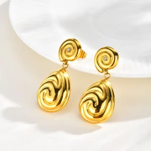 Fashion Women’s Fashion Stainless Steel Geometric Spiral Texture Water Drop Shaped Jewelry 18K Gold Plated Party Earrings