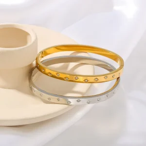 Fashion Women’s Gold Plated Zircon Bangles Geometric Octagonal Star Buckle Stainless Steel Bracelet for Party Occasions