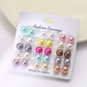 Fashion Women’s Jewelry 15 Pairs Korean Style Cute Colorful Pearl Stud Earring Set With Card