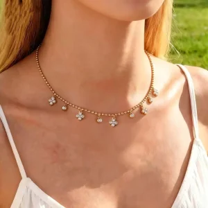 Fashion Women’s Simple Diamond set Transparent Gold plated Y shaped Fringed Stainless Steel Necklace Factory