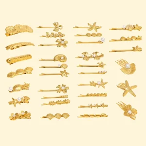 Fashion Women’s Tarnish Free 18k Gold plated Stainless Steel Shell & Flower Pearl DIY Hair Clip Wedding & Daily Use Jewelry