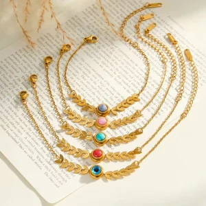 Fashion Women’s Trendy Devil’s Eyes Tree Leaf Natural Stone Gold Plated Stainless Steel Charm Bracelet for Wedding Party
