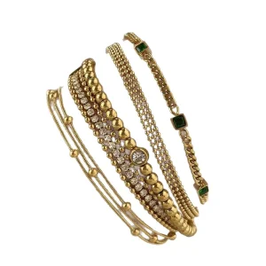 Fashion Women’s Trendy Jewelry PVD Gold Plated CZ Cubic Zirconia Green Crystal Tiny Gold Beads Chain Stainless Steel Layered