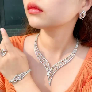Fashion Women’s Wedding Accessories Necklace Earrings Bracelet Ring Set Jewelry Copper Alloy for Ladies