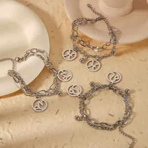 Fashion Women’s Zodiac Double Layer Cuban Chain Charm Bracelets Stainless Steel Ball Pendant Bracelet Trendy Geometric Jewelry