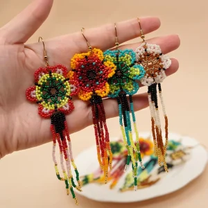 Fashion Woven Design Beaded Hoop Earrings Rice Beads in Water Drop Shape for Daily Wear and Parties