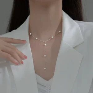 Fashion Y Shape Pearl Crystal Ball Lariat Women Necklaces 925 Sterling Silver Jewelry