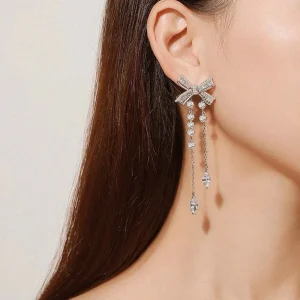 Fashion Zircon Bow knot Silver Earrings for Women Dainty Long Chain Wedding Bridal Earrings