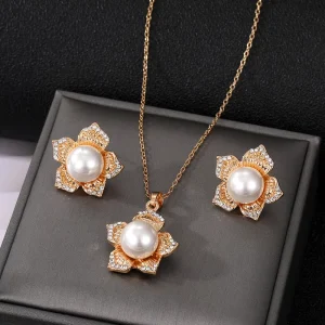 Fashion Zircon Rhinestone Large Pearl Chain Earrings Necklace Jewelry Set for Women