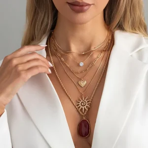 Fashion jewelry women’s zircon inlaid sunflower pendant necklace creative multi layer chain collarbone chain 6 piece set