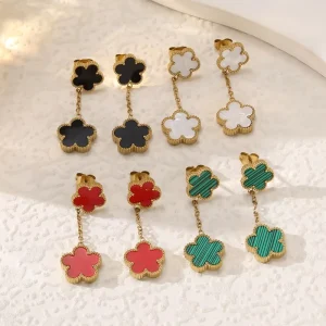 Fashion stainless steel five petal flower mother of pearl tassel earrings for women versatile and stylish long earrings
