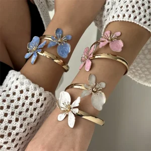 Fashionable Adjustable Open Dainty Enamel Flower Bracelet Wedding Party Jewelry Gift for Women Elegant Bangle