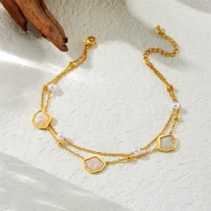 Fashionable And Simple Bow Anklet Sweet Butterfly Anklet With Pearl Double Layer Stainless Steel Women’s Jewelry